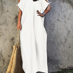 V Neck Cover Up Dress Loose Fit Tie Side Solid Beachwear Kaftan Women's Swimwear