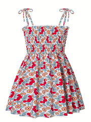 Toddler Girls Cherry & Flowers Frill Trim Shirred Cami Princess Dress