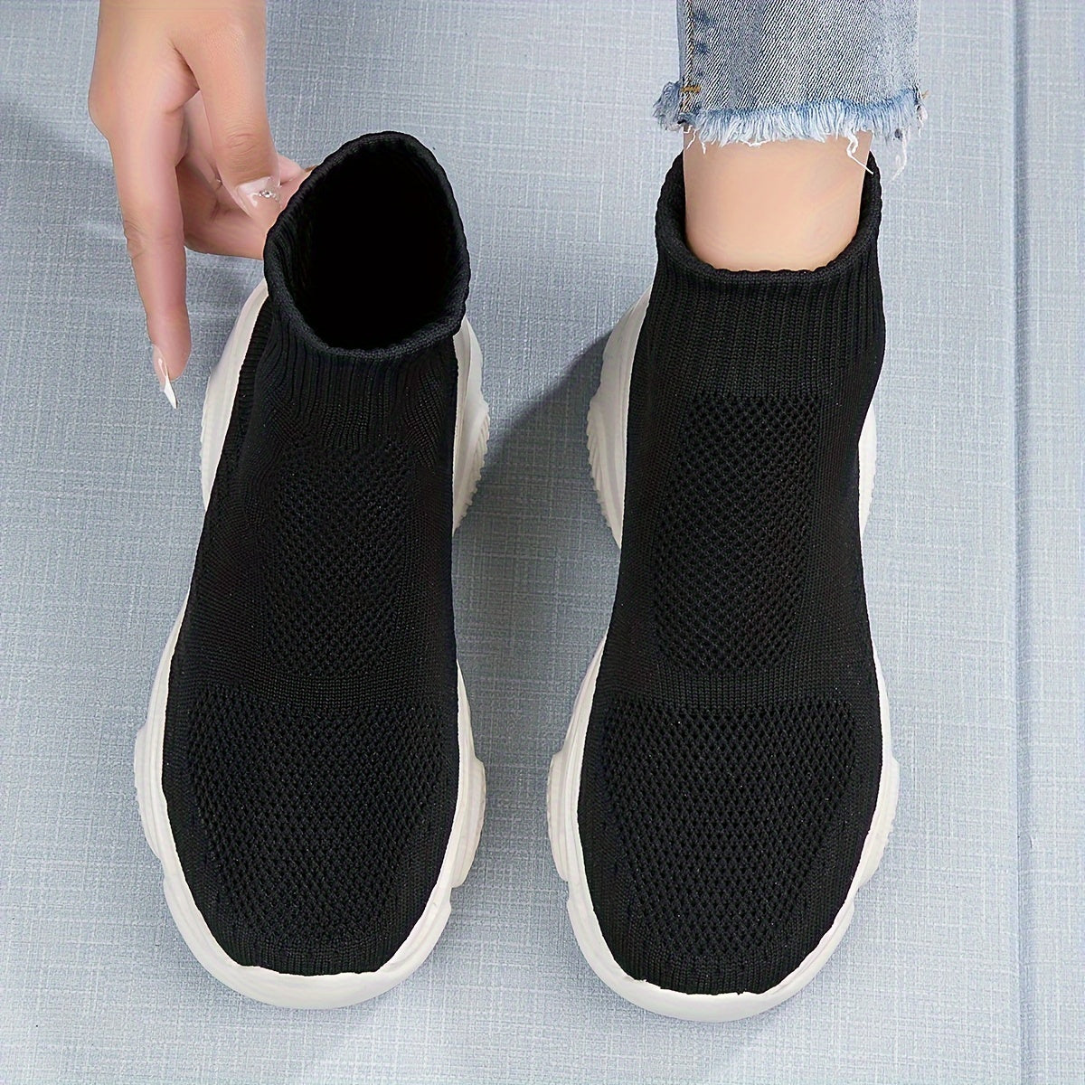 Women's High Top Knit Socks Sneakers Thick Botton Slip on Platform Shoes