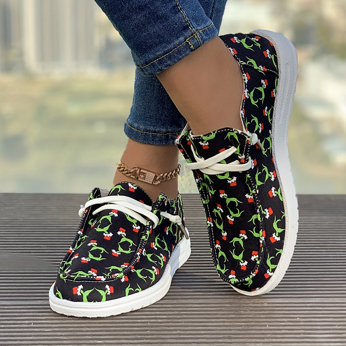 Christmas Print Flat Sporty Loafers Shoes Casual Non Slip Boat Shoes