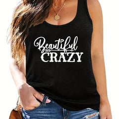 Slogan Print Tank Top Round Neck Medium Stretch
