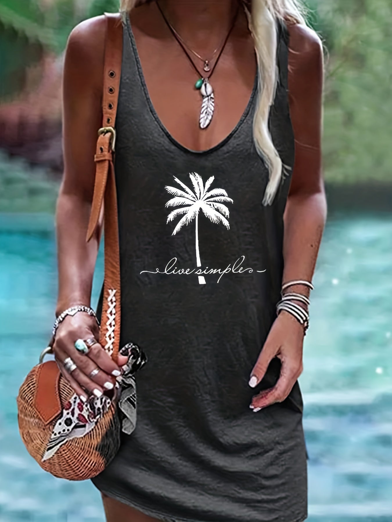 Coconut Tree Print Tank Dress Sleeveless Casual Dress