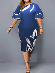 Leaf Print Slim Fit Round Neck Dress