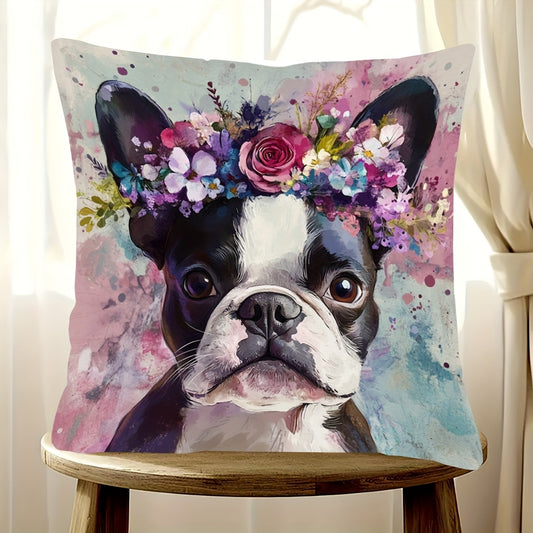 Boston Terrier in Watercolor Floral Crown Plush Decor