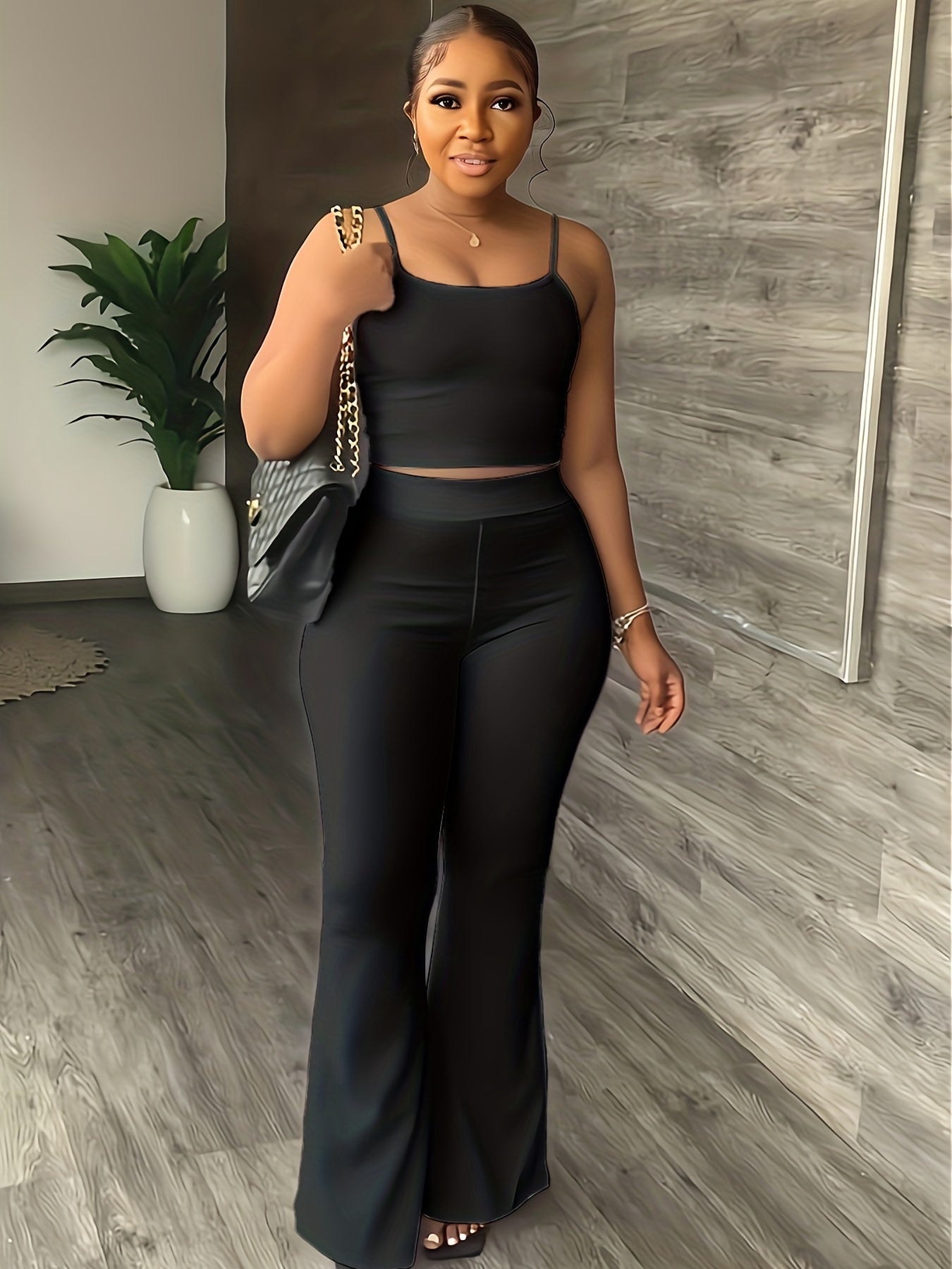 Solid Matching Two Piece Set Crop Cami Top & High Waist Flare Leg Pants Outfit