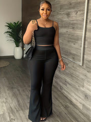 Solid Matching Two Piece Set Crop Cami Top & High Waist Flare Leg Pants Outfit