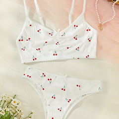 Cherry Print Bra & Panties Wireless Bra & Bow Tie Panties Set