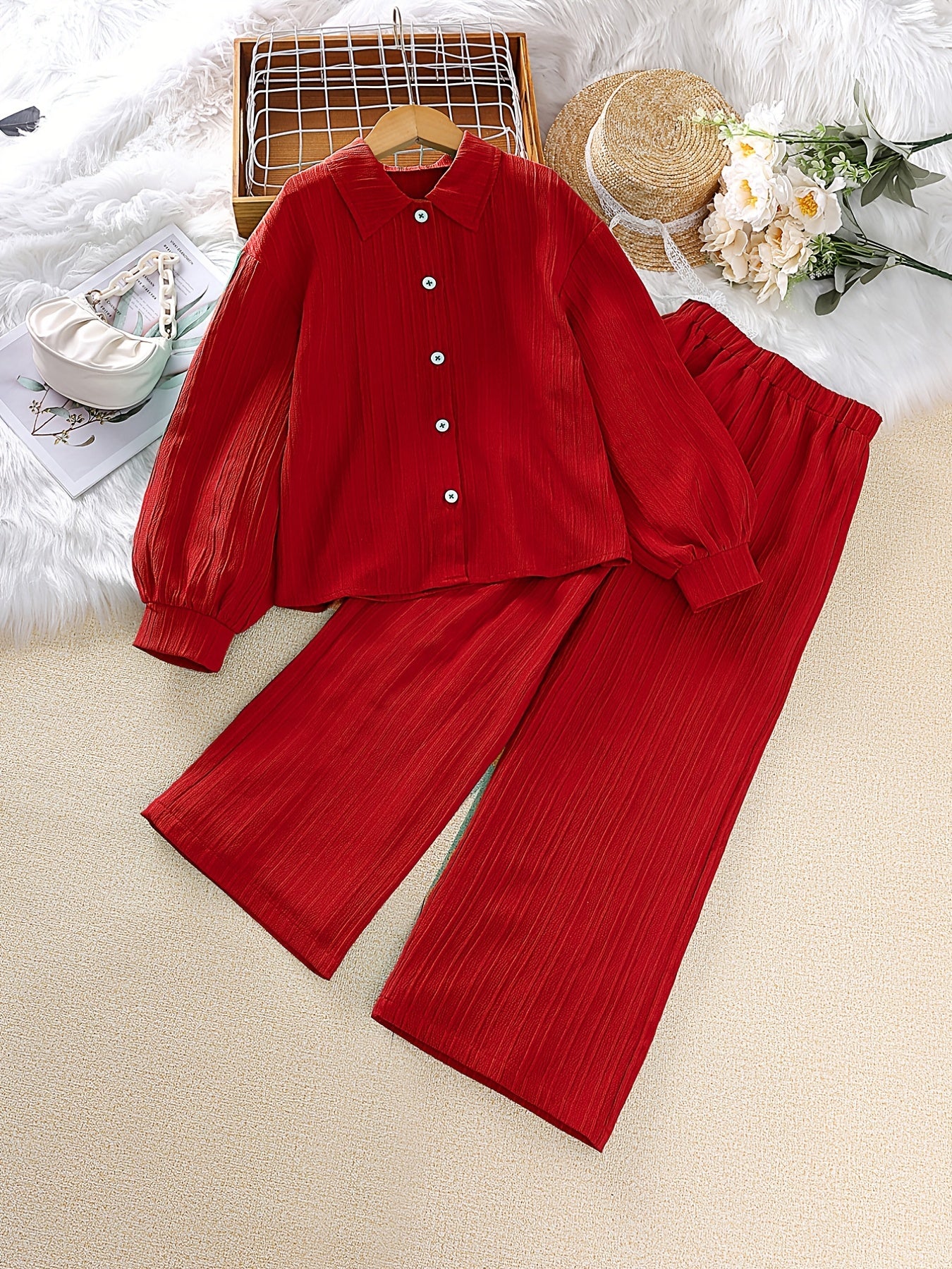 Girls Long Sleeve Button Down Blouse Top & Elastic Waist Wide Leg Pants 2pcs Set