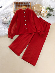 Girls Long Sleeve Button Down Blouse Top & Elastic Waist Wide Leg Pants 2pcs Set