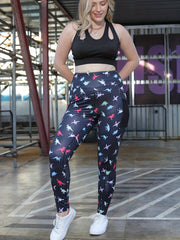 Colorful Dinosaur Print High Rise Leggings With Pockets