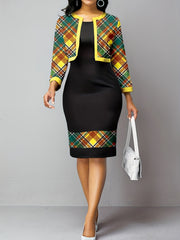 Colorblock Plaid Print Dress & Cardigan Set