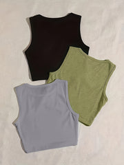 3-Pack Plus Size Basic Pajama Top Set Women's Plus Solid Round Neck Plain Crop
