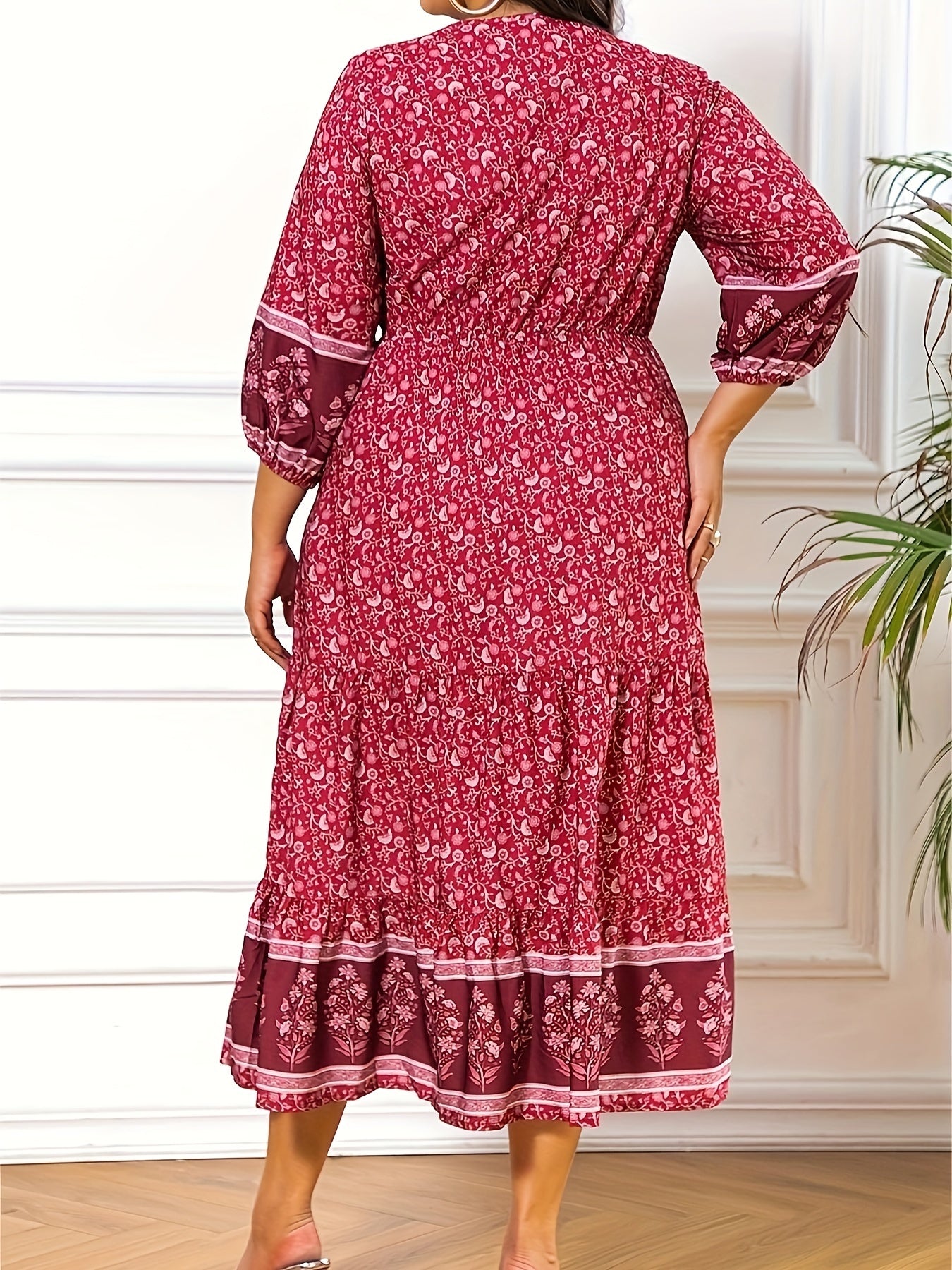 Boho Border Floral Print Maxi Dress Lantern Sleeve V Neck Ruffle Trim