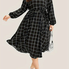 Grid Print Button Up Shirt Dress With Belt
