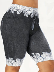 Casual Shorts Women's Plus Floral & Denim Print Shorts