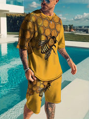 Bee & Honeycomb Pattern Men's 2 Piece Outfits T-shirt & Shorts Set