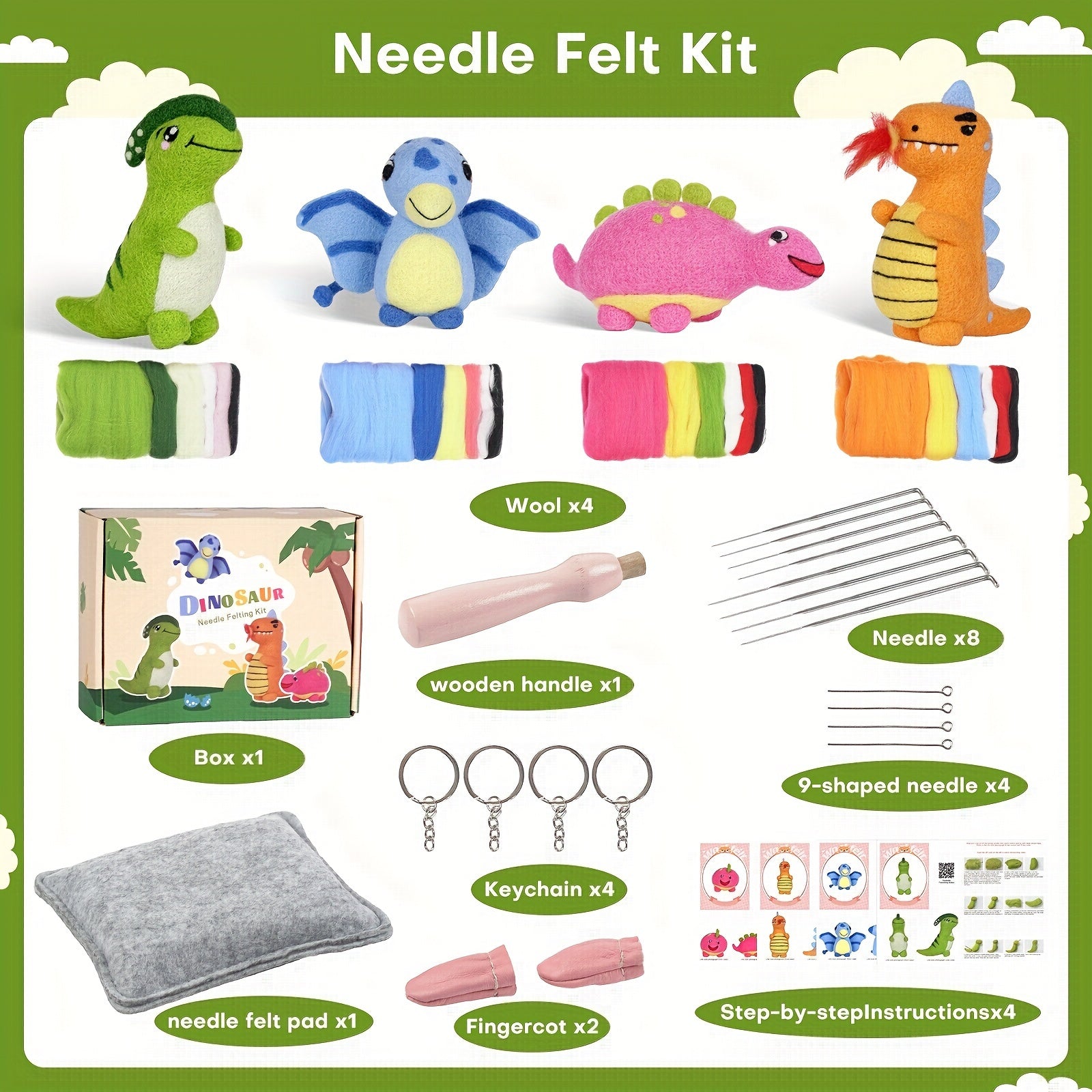 4pcs Beginner Dinosaur Christmas Needle Felting Kit DIY Craft Material