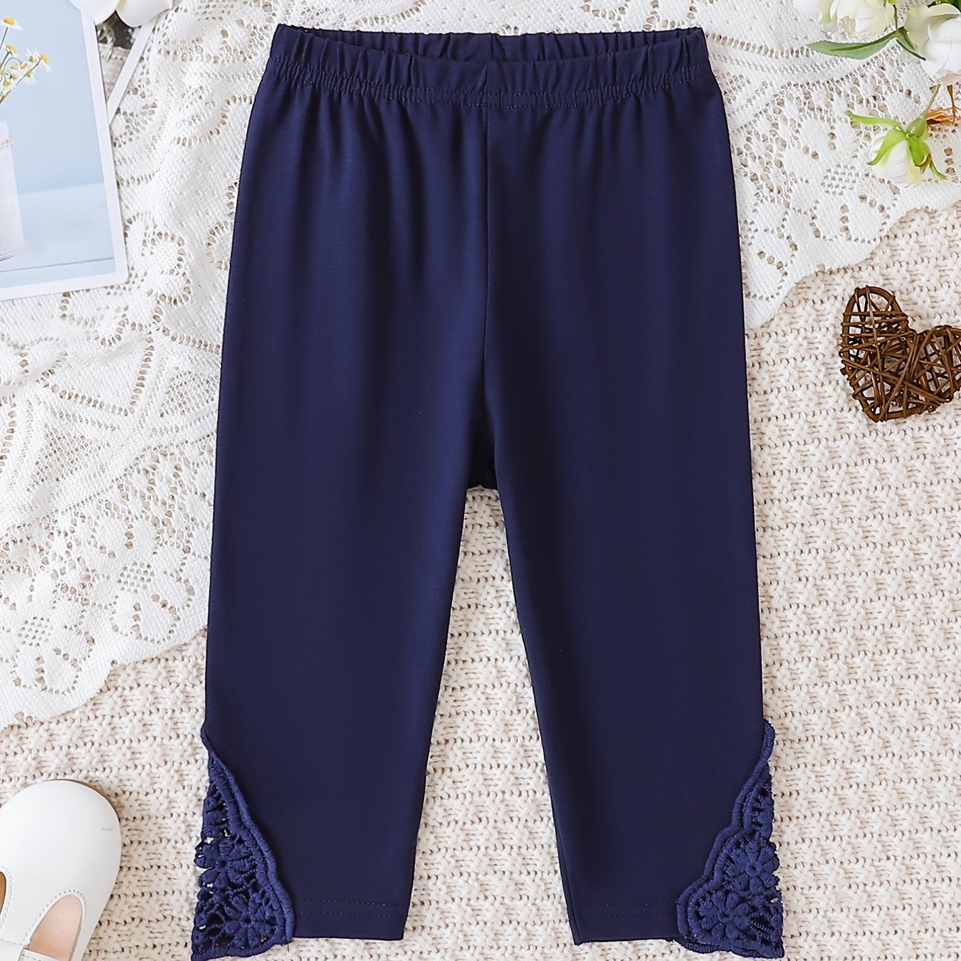 Girls Stretch Soft Leggings Lace Patchwork Elastic Waist Cropped Pants