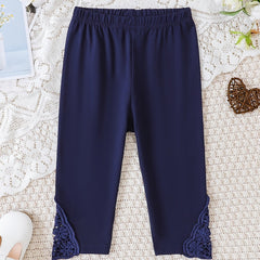 Girls Stretch Soft Leggings Lace Patchwork Elastic Waist Cropped Pants