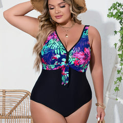 Colorblock Tropical Print V Neck Knot One Piece Swimsuit