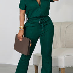 Casual Two Piece Set Zip Up Short Sleeve Tops & Drawstring Flared Leg Pant