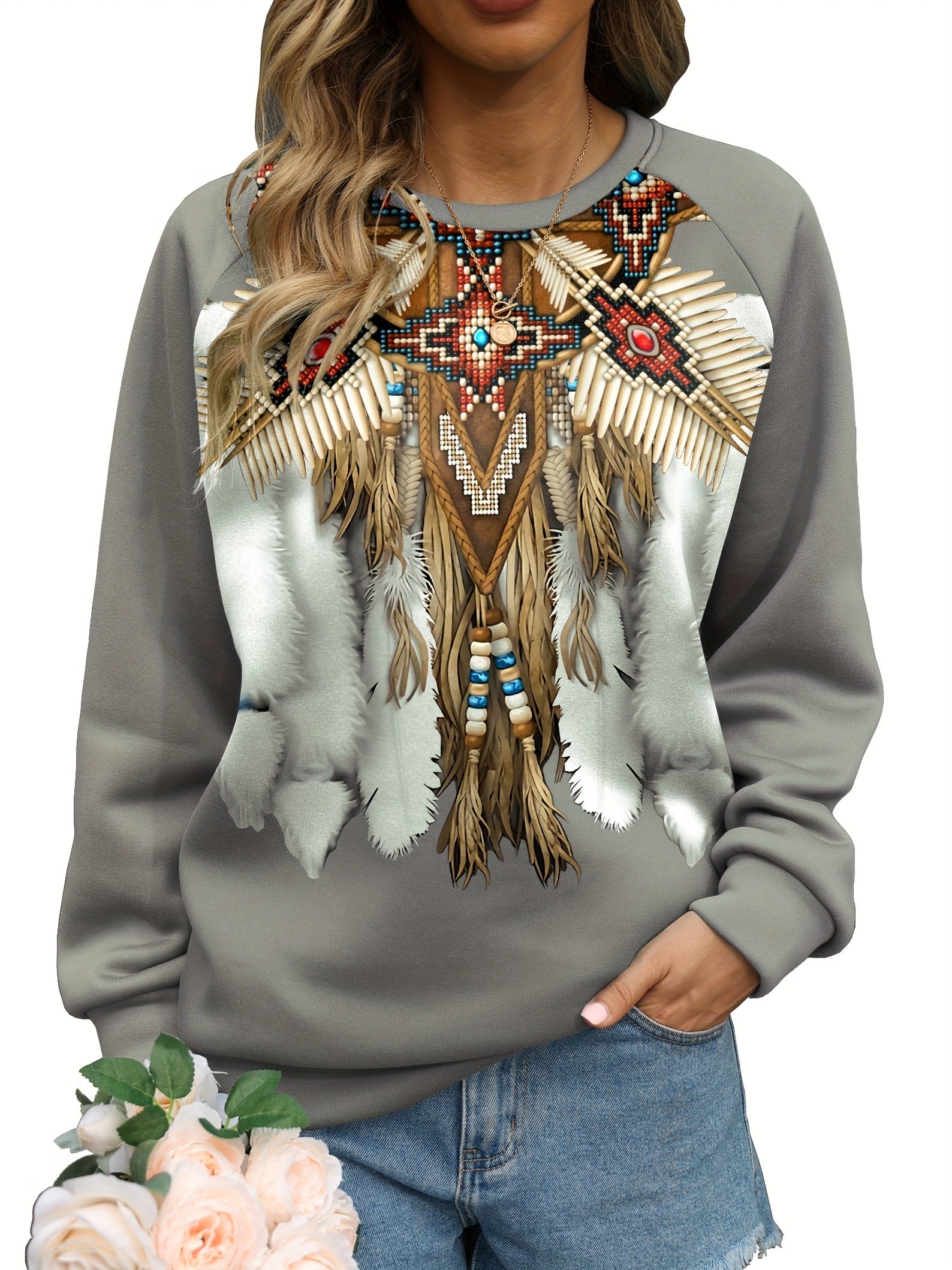 Graphic Print Pullover Sweatshirt Long Sleeve Crew Neck for Women