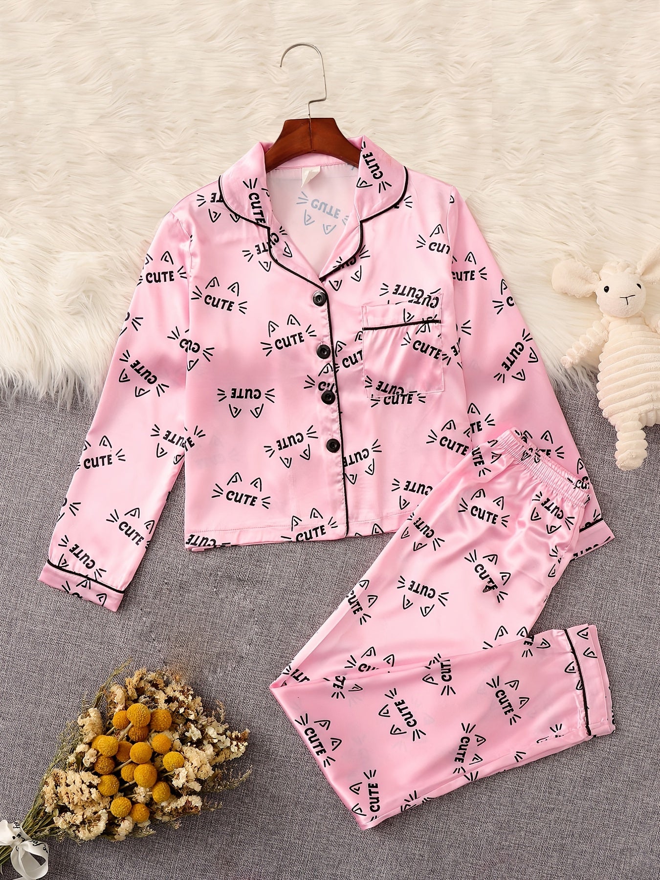 Girls Cat Shirt Pants Pajamas Set Kids Clothes