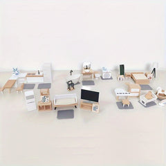 Wooden Furniture Set for Pretend Play - Kitchen, Bedroom & Bathroom Accessories