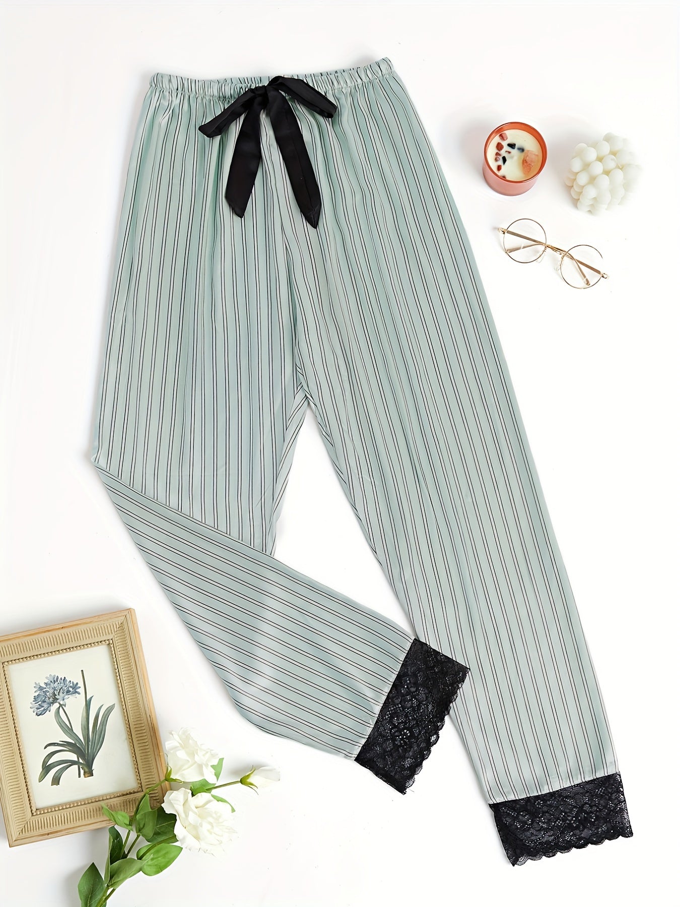 Striped Lace Trim Sleep Bottoms Casual & Comfy Bow Decor Sleep Pants