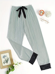 Striped Lace Trim Sleep Bottoms Casual & Comfy Bow Decor Sleep Pants