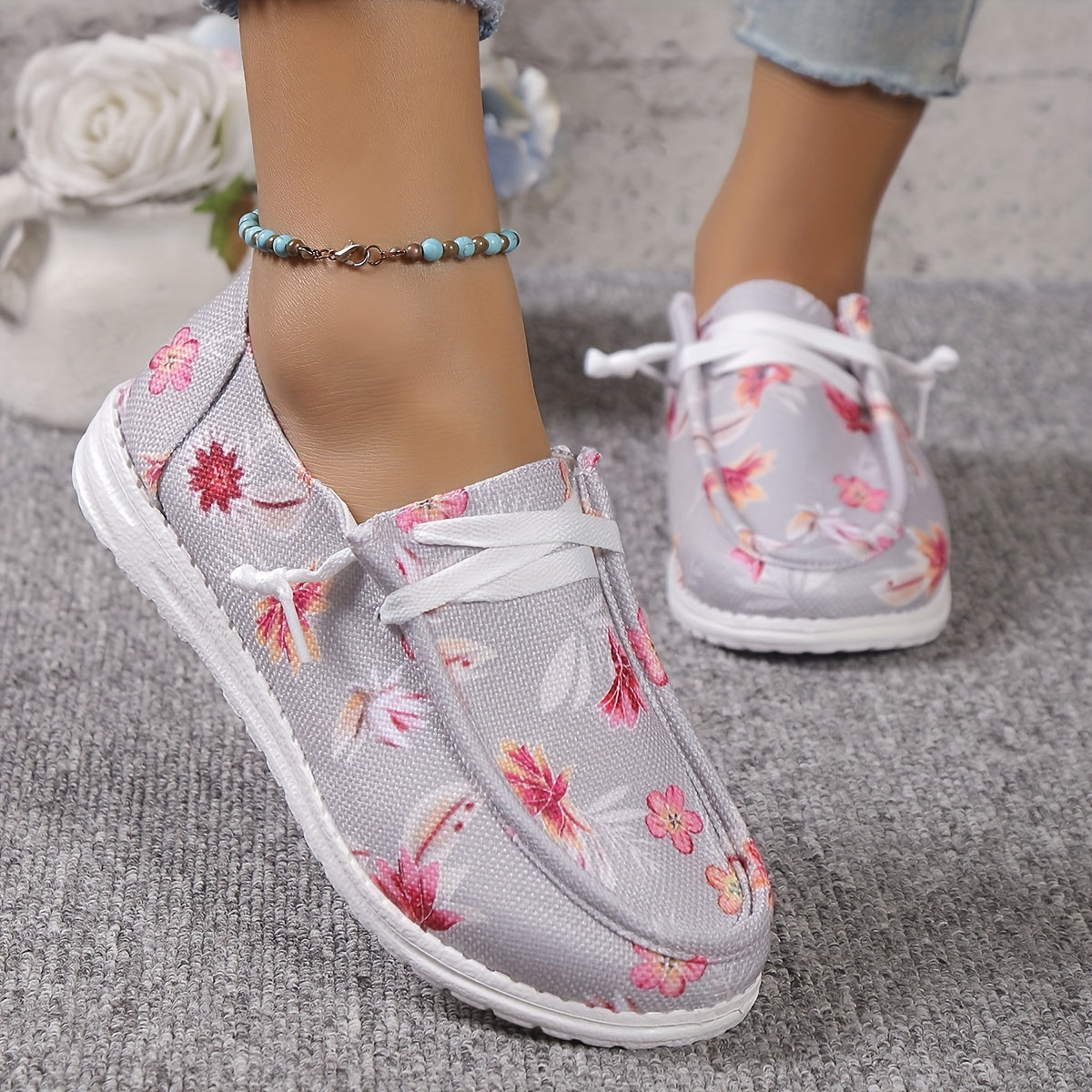 Floral Print Canvas Slip-On Flat Shoes Casual Sneakers