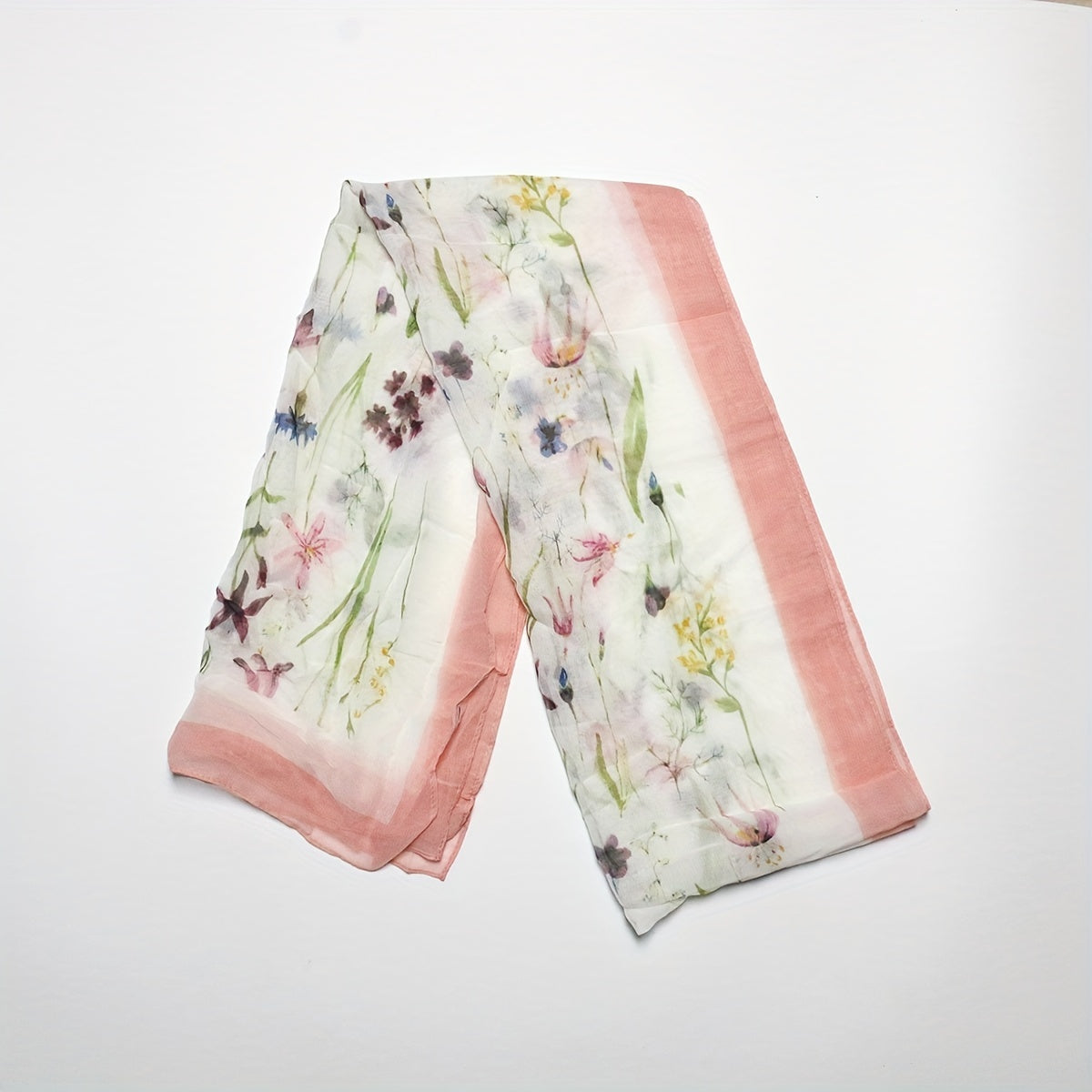 Pink Flower Print Chiffon Scarf Long Shawl Windproof Head Wrap