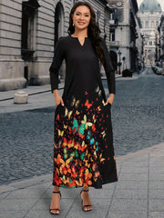 Butterfly Print Maxi Dress Casual Long Sleeve Dress Women's Clothing