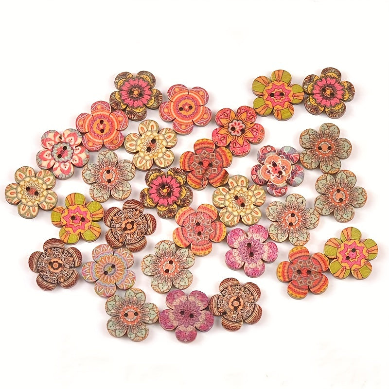 50pcs Painted Flowers Buttons Mixed Colors Wooden Buttons DIY Sewing Decoration