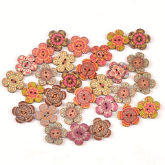 50pcs Painted Flowers Buttons Mixed Colors Wooden Buttons DIY Sewing Decoration