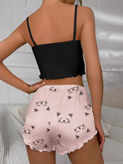 Cat Print Pajama Set Crew Neck Cami Top & Shorts Women Sleepwear