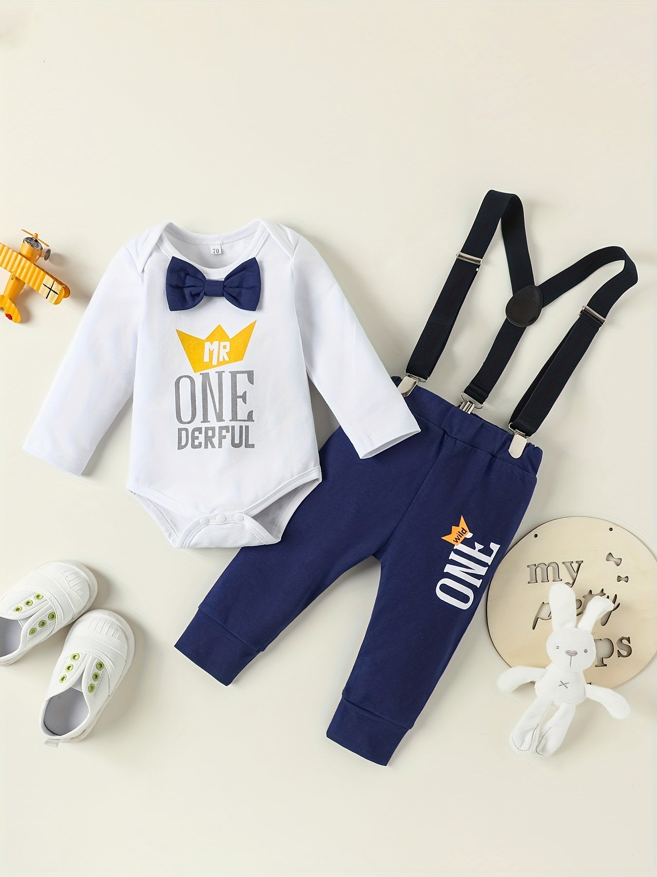Letter Print Long Sleeve Romper & Overall Pants Set