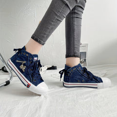 Women's Skull Zipper Denim Canvas Shoes Casual High Top Flat Shoes