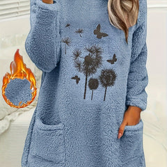 Butterfly Plant Print Pullover Sweatshirt Furry Casual Sweatshirt