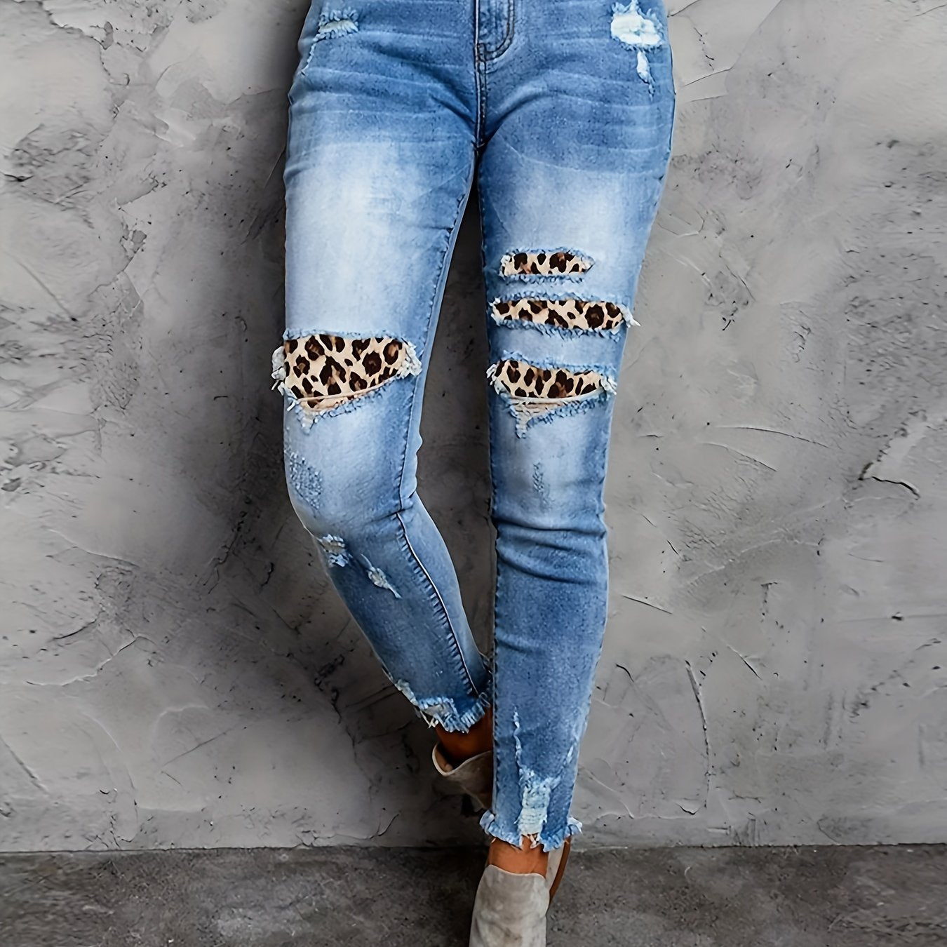 Leopard Patched Ripped Button Fly High Stretch Denim Pants
