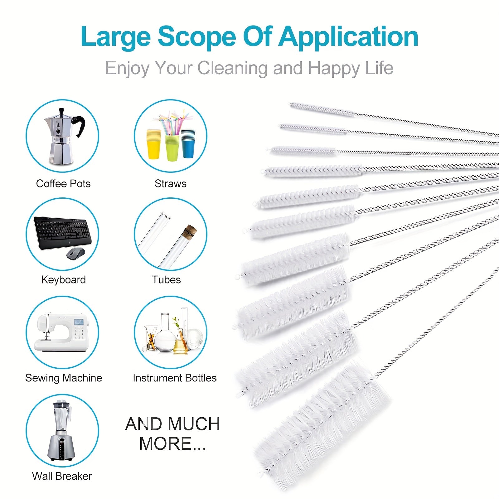 10pcs 25.4cm Nylon Tube Brush Set for Narrow Neck Bottles Cups with Hook
