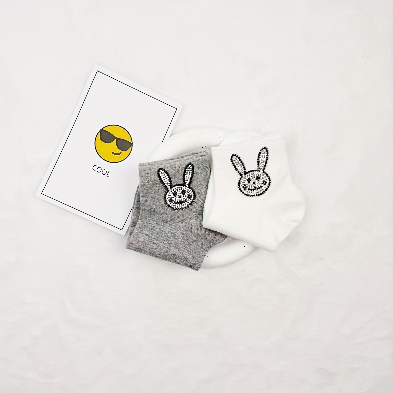 5 Pairs Bunny Rhinestone Socks Women's Crew Short Stockings