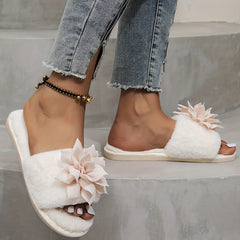 Women's Flower Decor Plush Slippers Lightweight Faux Fur Slip-Ons