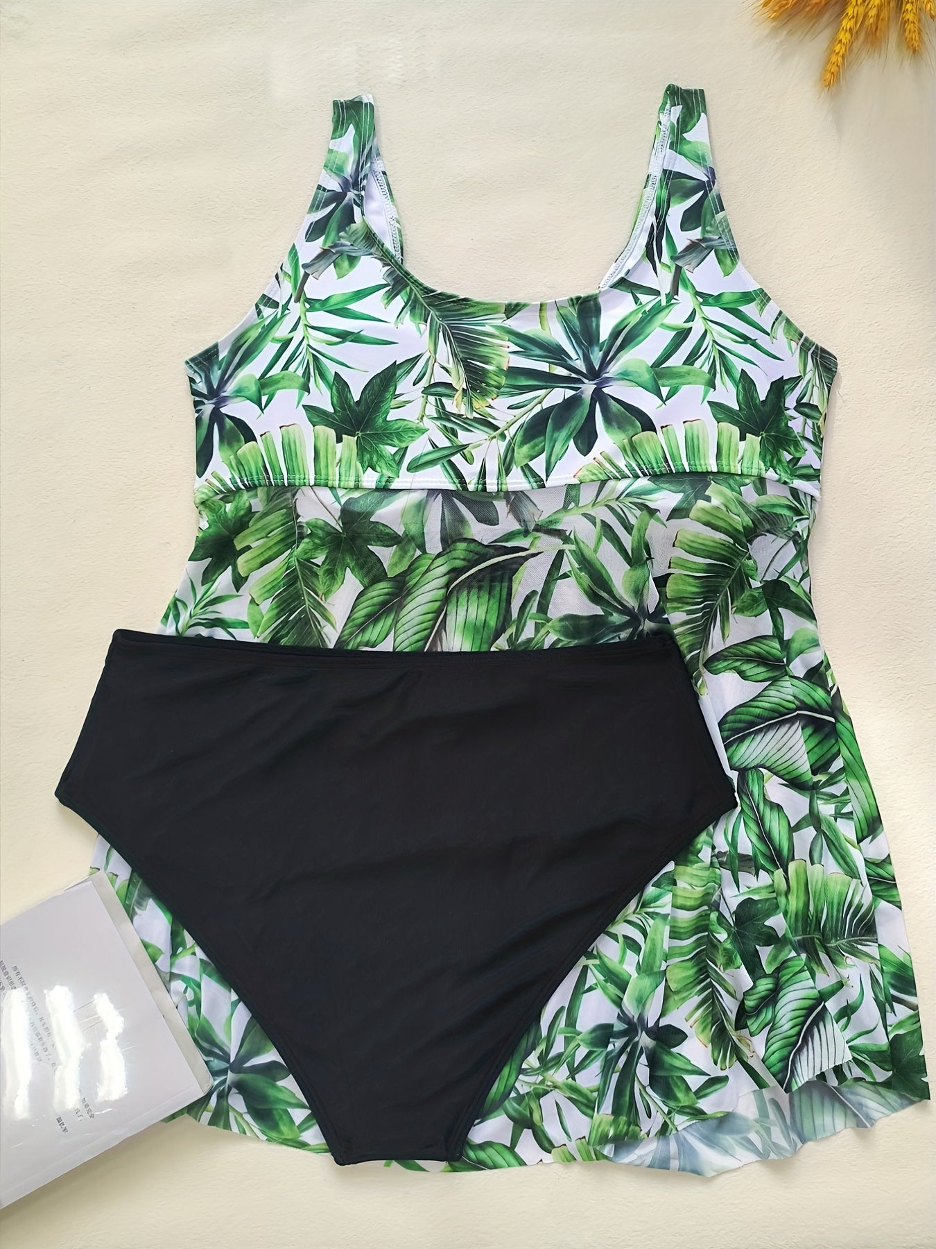 Tropical Print Tankini Set Round Neck Swimsuit Two Piece