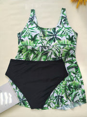 Tropical Print Tankini Set Round Neck Swimsuit Two Piece