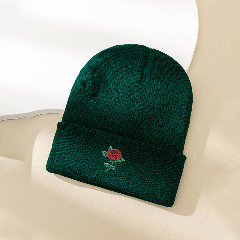 Embroidery Rose Beanies Women Chunky Knit Beanie