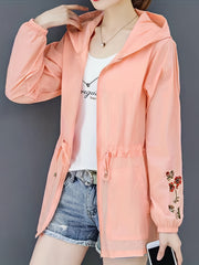 Embroidered Hooded Jacket Zip Up Drawstring Outerwear