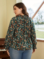 Ditsy Print Long Sleeve V Neck Keyhole Tie Top