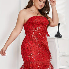 Solid Sequin Tassel Trim Midi Dress