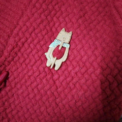 Wooden Cat Wearing Scarf Pin - Animal Pattern Pin For Girls